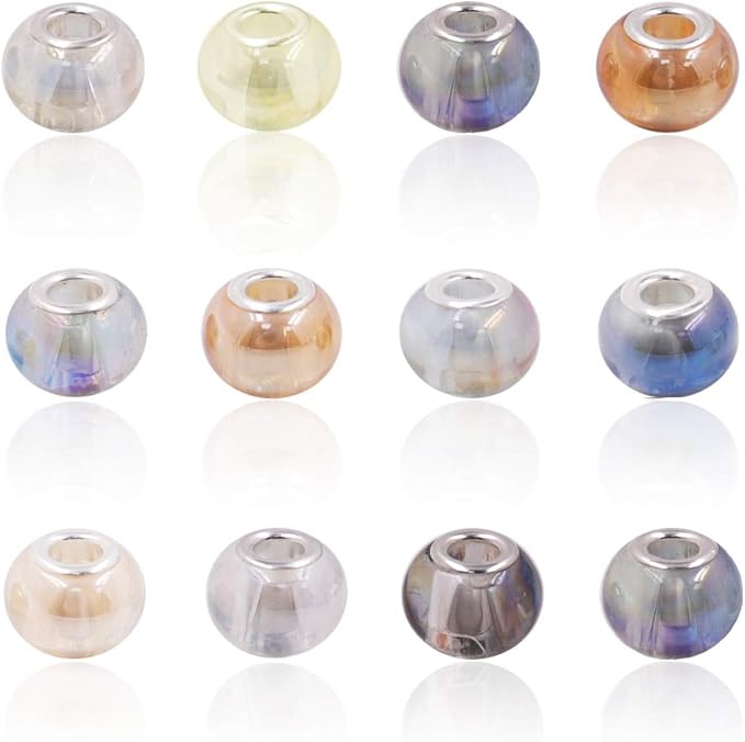 AIPRIDY 100Pcs 15x11mm Painting Murano Large Hole Glass Beads Mix Color with Silver Brass Cores European Charm fit Bracelet Necklace (Plating Rainbow)