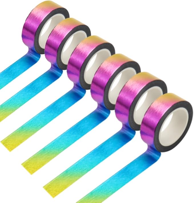 MEI YI TIAN 6 Rolls Solid Rainbow Foil Washi Tape Set 15mmx10m Metallic Paper Adhesive Masking Tapes Holographic Sticky Paper Tape for DIY Scrapbooking Journal Crafts Art Home Decoration