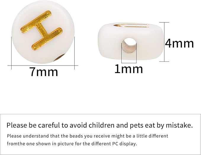 Acrylic Letter Beads Alphabet Gold Letters White Round Bead, 4×7mm 1200pcs, for Friendship Bracelet Jewelry Making Kit