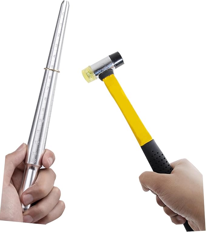 meowoo ring sizer, can be hammered solid ring mandrel and jewelry rubber mallet, ntegrated conical solid ring mandrel sizer tools for ring repair and measurement, jewelry sizing measuring