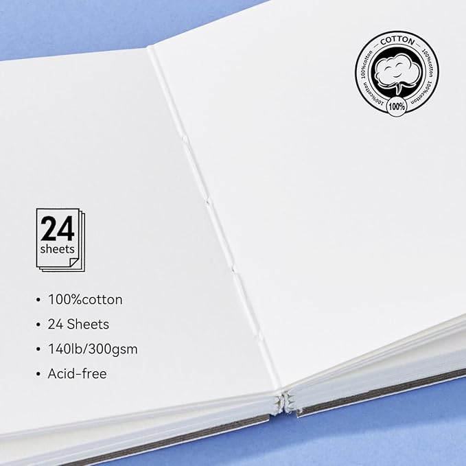 Lightwish Watercolor Journal, 100% Cotton Hot Press Watercolor Paper,140lb/300gsm Acid-Free, 24 Sheets 5.12x7.48” Sketchbook for Adults, Students, and Kids