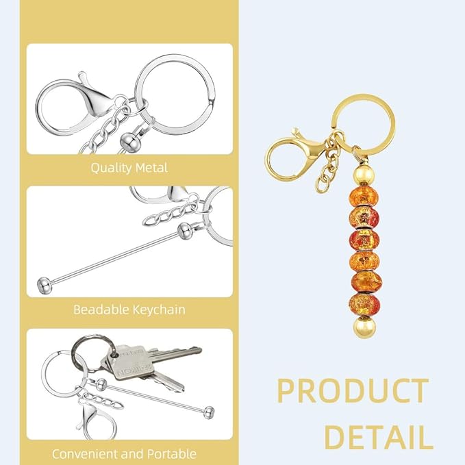8 Pcs Gold Beadable Keychain Bars Blanks Bead Keychain Metal Beaded Keychain for Keychain DIY Projects Pendant Jewelry Crafts Making Gift
