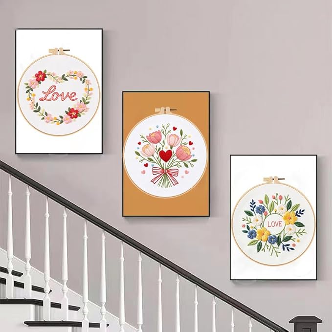 Konrisa 3pcs Love Flower Embroidery Kits for Beginners Adults, DIY Sewing Needlepoint Cross Stitch Kits for Anniversary Valentine's Day, Brithday, Christmas and Home Decoration