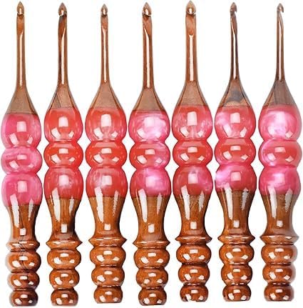 Wooden Crochet Hooks Set for Arthritic Hands | Ergonomic Soft Grip - Resin Mix Indian Rosewood Crochet Hook Set for Crocheting & Knitting (Pink, Set of 13)