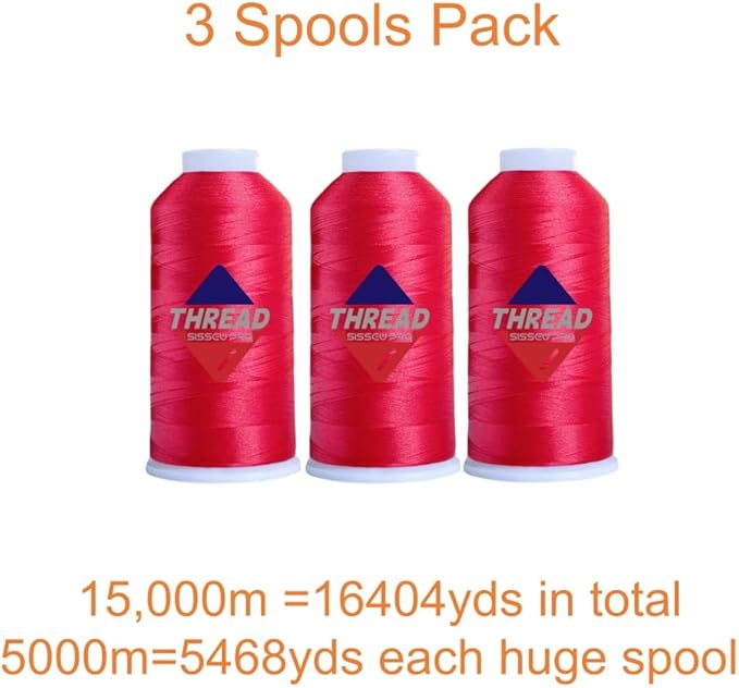 Sissewpro 40WT Machine Embroidery Thread 3 Big Spool (5,000M Each 15,000M Total) – 3 x Red Polyester Embroidery Machine Thread 120D/2 for Commercial & Home Embroidery Machines