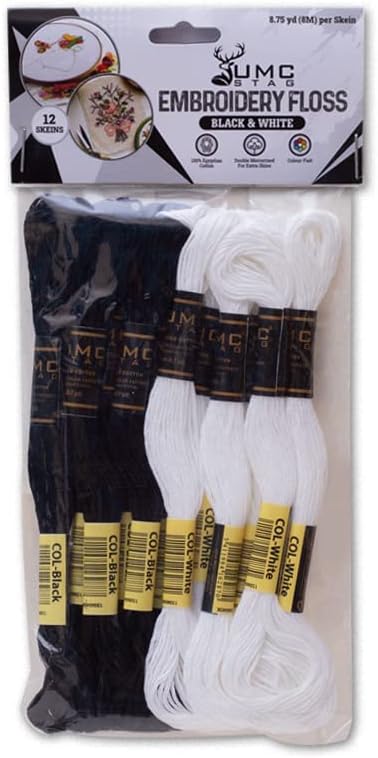 12 Pieces | Premium Embroidery Thread | 100% Egyptian Cotton Premium Skeins | Cross Stitch Embroidery Floss | Oeko TEX Certified Stranded Cotton (Black & White)