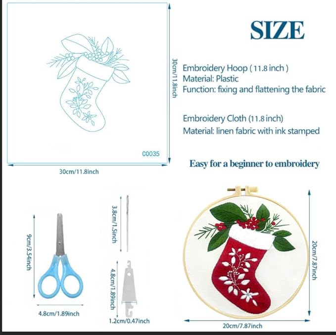 Zhenqing Christmas Stocking Embroidery Kit - 29x29cm Printed Fabric, Hoop & Tools for Beginners (C0035)