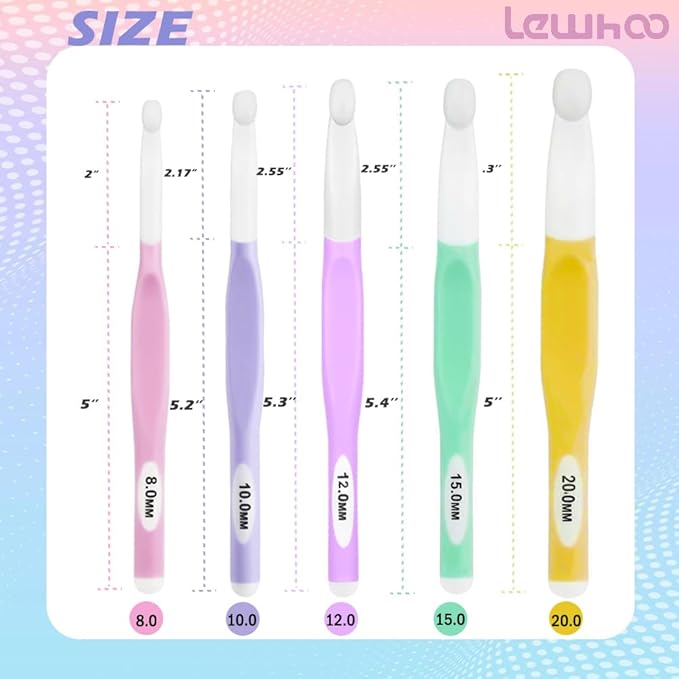 Lewhoo Large Sizes Crochet Hook Ergonomic Crochet Hooks Set,Big Crochet Hooks 8mm 10m 12mm 15mm 20mm