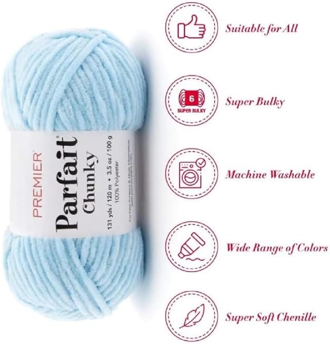 Premier Yarns Parfait Chunky Chenille Yarn 3.5 Oz 6 Super Bulky Weight 3 Pack Bundle with Bella's Stitch Place Holders (Light Blue)