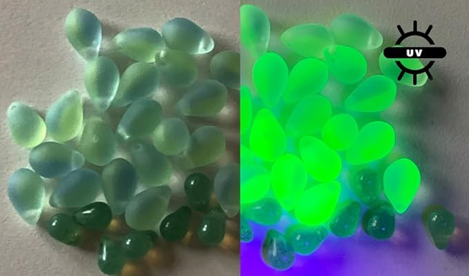 Czech 50-Piece Glass Beads, 6x9mm, Teardrop Glow Under Blacklight Transparent Blue Green Matte
