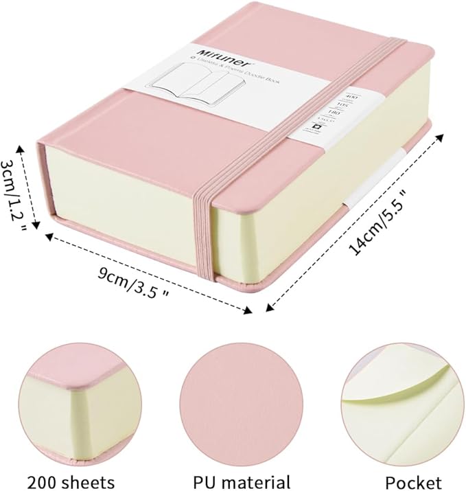 Mifuner Small Rectangle 3.5x5.5 200 Sheets 105gsm Mini Notebooks Blank Pages Sketchbooks Pocket Paint Writing Diary Memo PU Leather Cover Pink