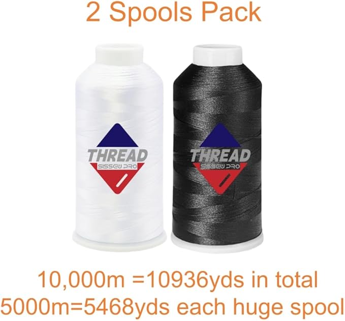 SissewPro 40WT Machine Embroidery Thread 2 Huge Spool (5,000M Each 10,000M Total) – White & Black Polyester Embroidery Machine Thread 120D/2 for Commercial & Home Machines