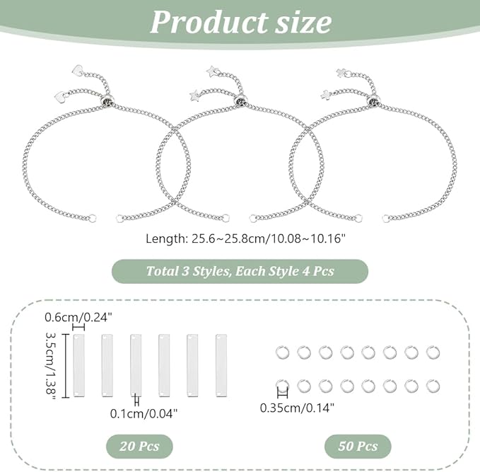 UNICRAFTALE DIY 304 Stainless Steel Rectangle Link Bracelet Making Kits Metal Engravable Bracelets Blank Tags Links Connectors 25cm Slider Bracelet 3.5mm Open Jump Rings for Bracelets Jewelry Making