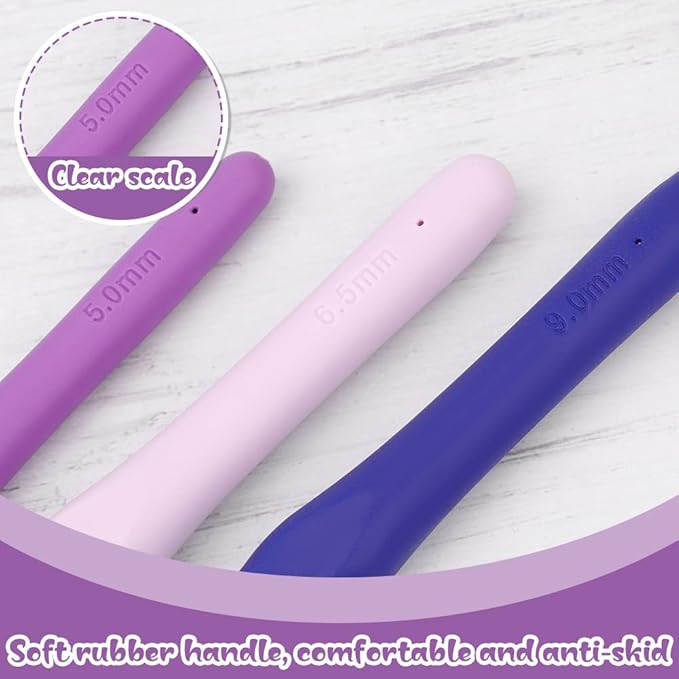 3 Sizes Crochet Hooks,Ergonomic Arthritis Handle,5.5 inch Long Beginner's Knitting Needle and Color Soft Handle Smooth Knitting Needle DIY Knitting Kit for Knitting Sweaters,Scarves and Hats