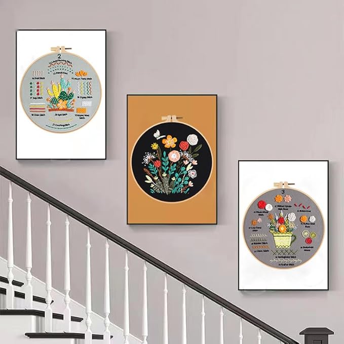 konrisa embroidery kits for adult beginners, stamped embroidery starter kit with flower pattern, diy sewing needlepoint kits, cross stitch practice kit,3 pcs embroidery pattern, include 1pcs hoop