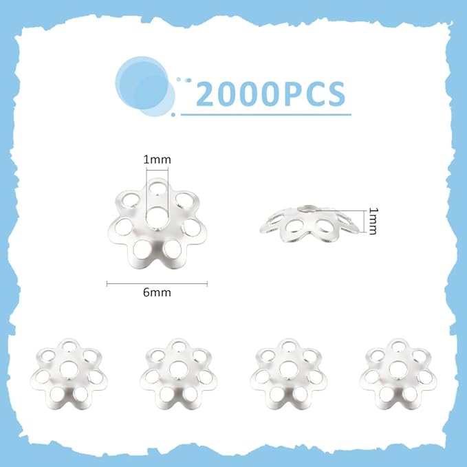 UNICRAFTALE 2000Pcs Silver Filigree Loose Spacer Beads 6mm Iron Flower End Caps Multi-Petal Bead Caps for Jewelry Making Crafts