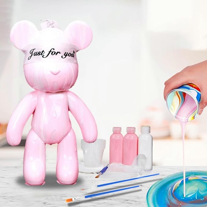 HANDA DIY Painting Fluid Bear Teddy Bear Painting Kit Set Creative Home Decorations Handmade Doll Figurine Toys Gift for Birthday Valentines (13.4 inch, Pink+White)