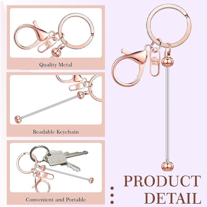 6 Pcs Beadable Keychain Bars Bulk for Beads DIY Blank Keychain Metal Beaded Keychains for Bead Key Chain Making Kit Crafts Gift Rose Gold