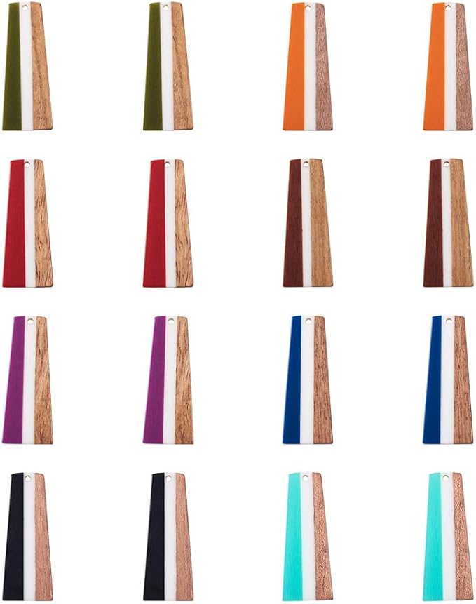 Beadthoven 16pcs/8 Pairs Natural Wood Resin Charms Colorful Striped Trapezoid DIY Earrings Pendants Mixed Vintage Wooden Pieces Tag Pendants for Statement Jewelry Making Bohemian Earrings Findings