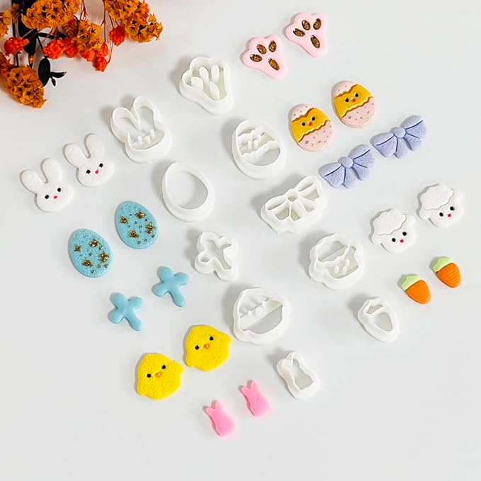 Xaekicr Easter Polymer Clay Cutters Set – 10pcs Clay Earring Cutters for Easter Eggs, Bunny, Chick, Bow and More – DIY Clay Tools & Polymer Clay Molds for Jewelry Making