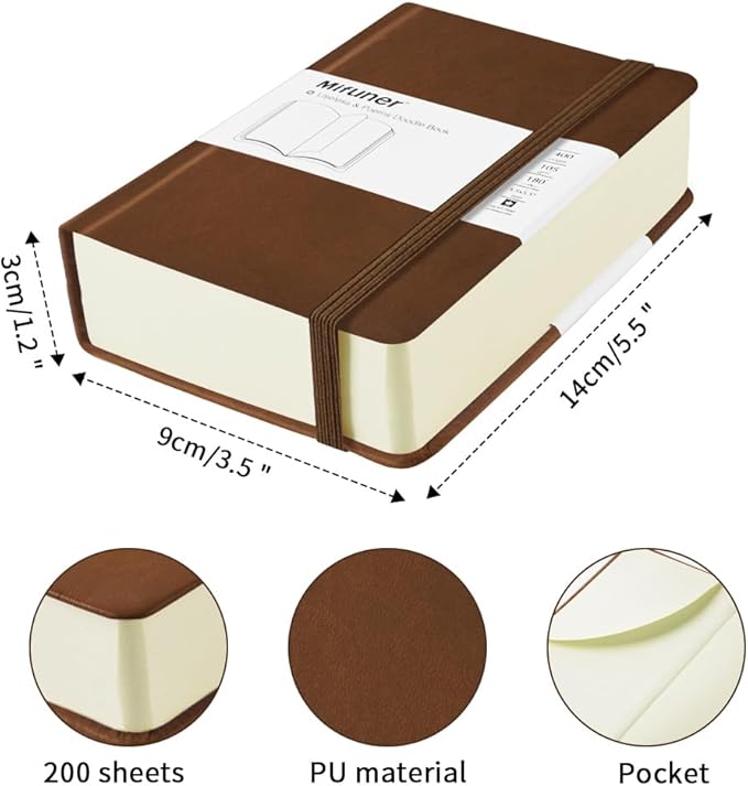 Mifuner Small Rectangle 3.5x5.5 200 Sheets 105gsm Mini Notebooks Blank Pages Sketchbooks Pocket Paint Writing Diary Memo PU Leather Cover Brown