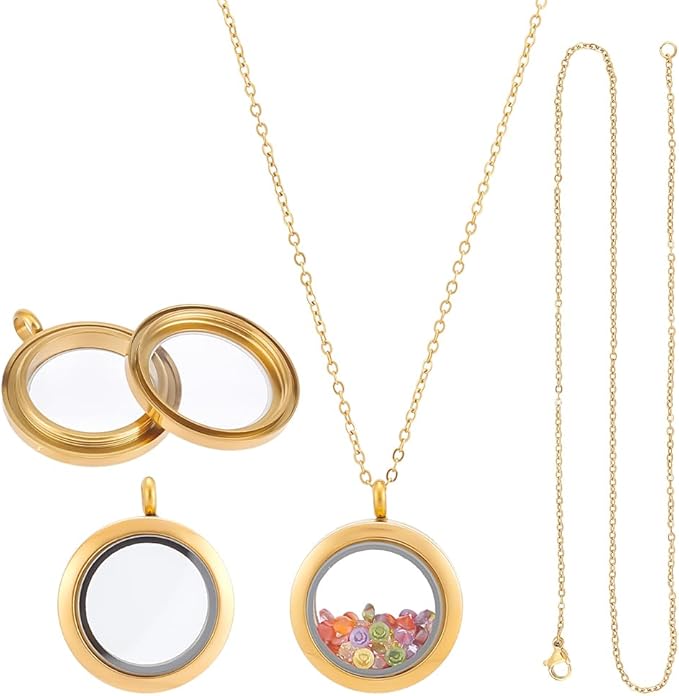 UNICRAFTALE 2 Sets Stainless Steel Memory Locket Necklace Golden Flat Round DIY Picture Photo Necklace Making Kit Memory Necklace with Crystal Double Sided Frame Glass Container Floating Charms
