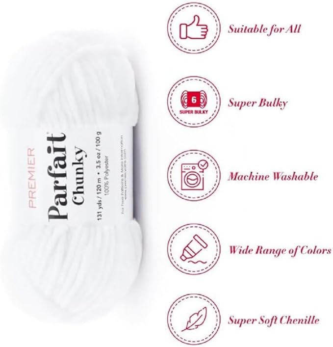Premier Yarns Parfait Chunky Chenille 3.5 Oz 6 Super Bulky Weight 3 Pack Bundle with Bella's Stitch Place Holders (White)