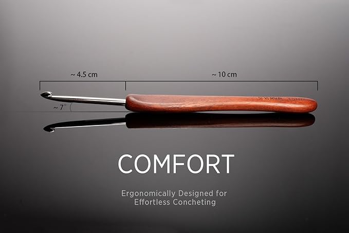 SEVENSUN Mimosa 1.6mm Single Crochet Hook, Available in 0.6mm-6.5mm, Ergonomic Hand Polished Stainless Steel Inline Pointy Wood Handle Crochet Hook for Arthritic Hands