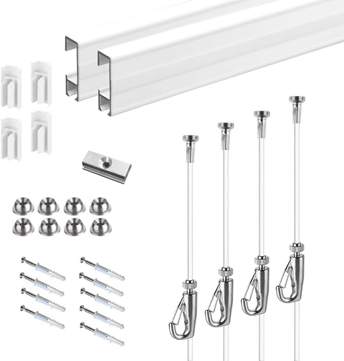 Picture Hanging Systems, for Art Galleries, Home, Two 48inch Rails, Click Rail Kits (2 White Rails 4 Nylon Cords & 4 Hooks)