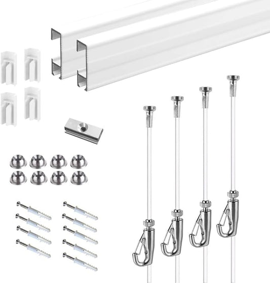 Picture Hanging Systems, for Art Galleries, Home, Two 48inch Rails, Click Rail Kits (2 White Rails 4 Nylon Cords & 4 Hooks)