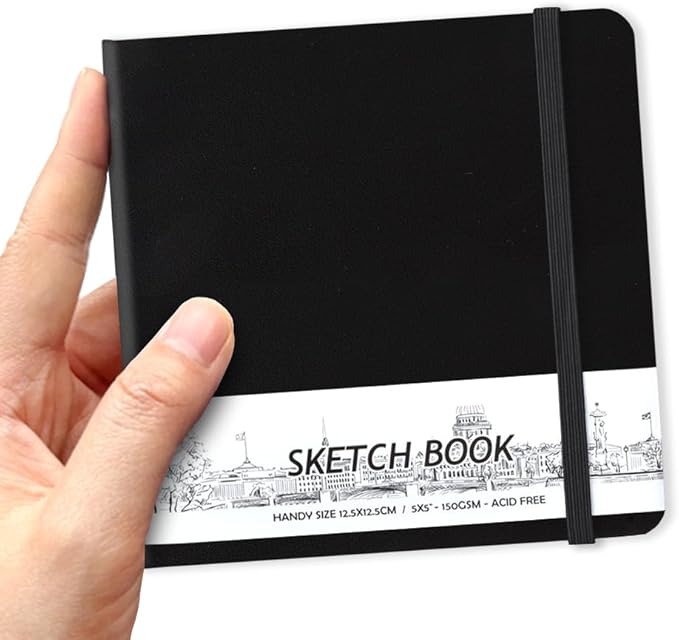 qianshan 5" x 5" Hardcover Sketchbook,Small Mixed Media Sketch Pad,58 Sheets 150GSM Acid-Free Artist Drawing Paper,Travel Journal Blank Notebook for Adults Painting,Illustration,Art Supplies.Black