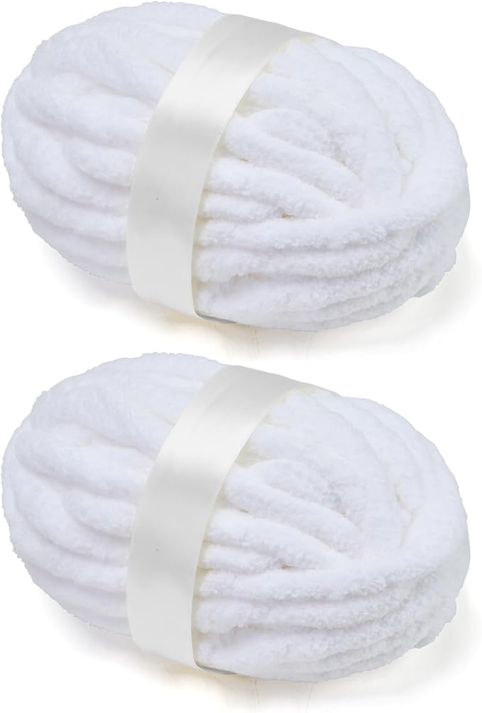 Chunky Chenille Yarn for Crocheting/Arm Knitting, Super Soft Jumbo Knit Blanket Yarn White 2 Pack (32 yds, 8.5 oz Each Pack)