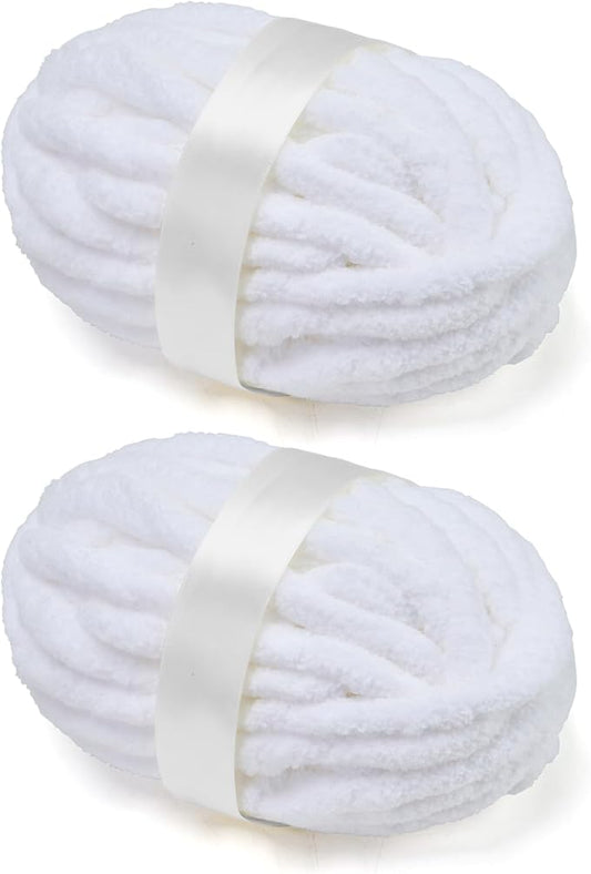 Chunky Chenille Yarn for Crocheting/Arm Knitting, Super Soft Jumbo Knit Blanket Yarn White 2 Pack (32 yds, 8.5 oz Each Pack)