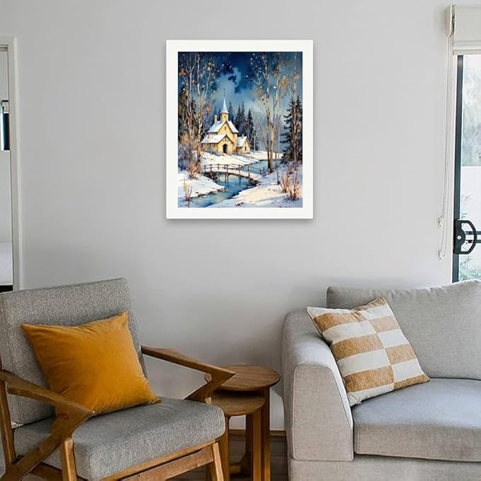 Winter Landscape Paint by Numbers Kit for Adults - DIY Snowy Church and Bridge Painting on Rolled Canvas 16x20In, Acrylic Paint Set, Suitable for Beginners, Art for Home Decoration or Gifts