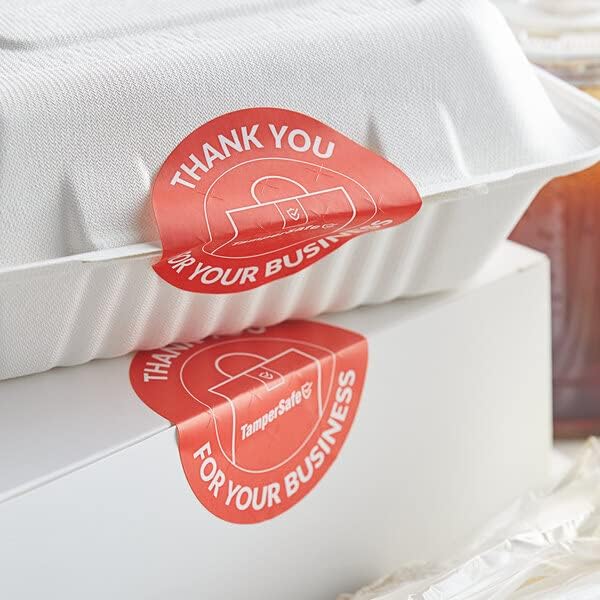 angel's peel lounge thank you tamper proof stickers roll — tamper evident stickers for bags, drink lids, food containers, writable adhesive seal tape, thank you labels - 3x3in 250-counts, red, round