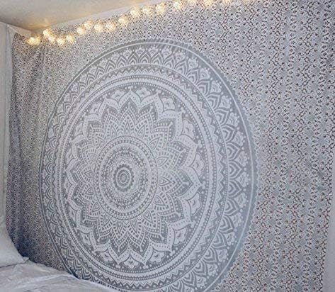 popular handicrafts tapestry wall hanging hippie ombre mandala bohemian hippy metallic shine intricate indian tapestries bedspread 84 x 90 inches (215cm x 230cm) silver and gold