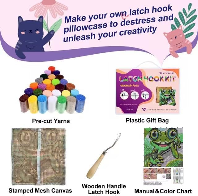 veirousa Naughty Frog Latch Hook Kits for Adults, Beginners DIY Crochet Pillow Kit Pre-Printed Pillowcase Hook and Latch Rug Kits Needlework Cushion Cover for Home Sofa Decoration 17x17 inch