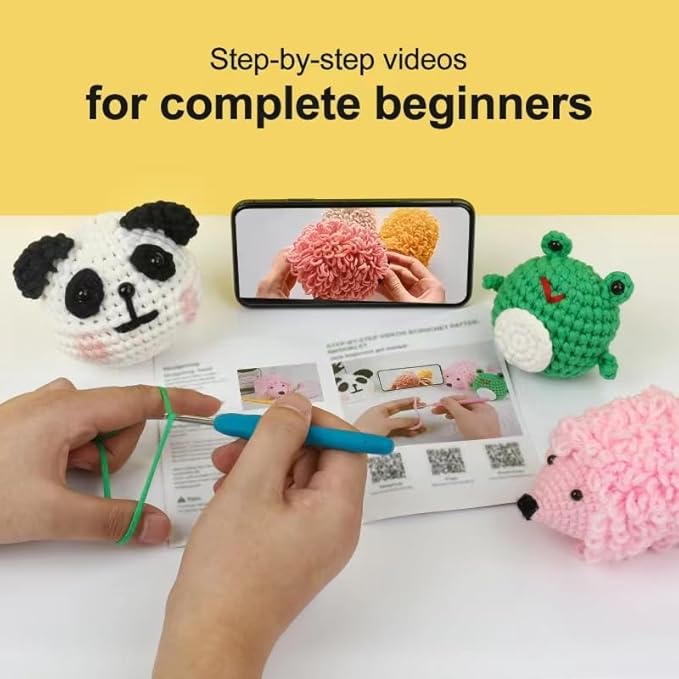 XSEINO Crochet Kit for Beginners - Crochet Start Kit with Step-by-Step Video Tutorials - Learn to Crochet Kits for Adults and Kids - Panda, Frog, Hedgehog