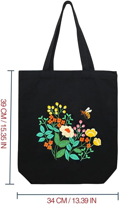 VWV-Whizzing Embroidery Canvas Tote Bag DIY Kit for Beginners, Complete with Pattern, Hoops, Color Threads, Tools & Detailed Instructions for Adults (13X15(in) Black-Bee)