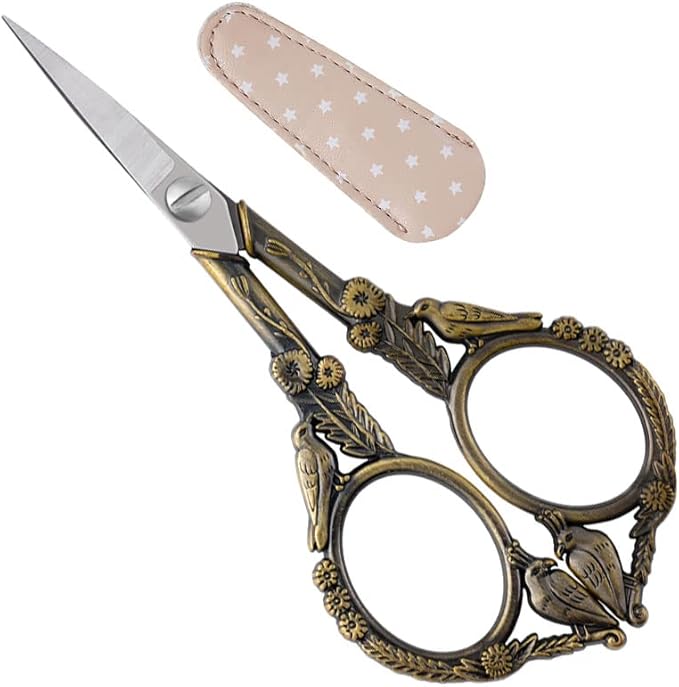 Crochet Scissors with Cover – Antique Bronze Vintage Small Embroidery Scissors, Sharp Bird Craft Scissors for Yarn Thread Sewing Needlework, Pretty Gift for Crocheter Quilter, 4.6 Inch