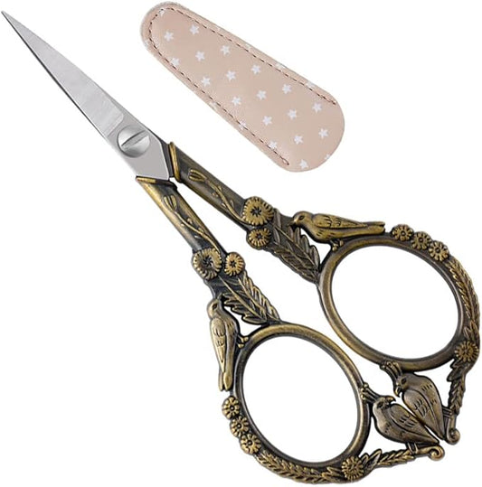 Crochet Scissors with Cover – Antique Bronze Vintage Small Embroidery Scissors, Sharp Bird Craft Scissors for Yarn Thread Sewing Needlework, Pretty Gift for Crocheter Quilter, 4.6 Inch