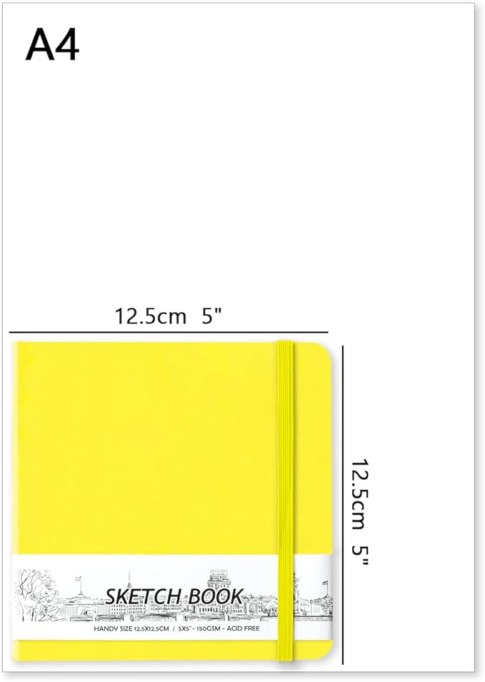 5" x 5" Hardcover Sketch Book,Small Mixed Media Sketch Pad,58 Sheets 150GSM Acid-Free Artist Drawing Paper,Travel Journal Blank Notebook for Adults Painting,Illustration,Art Supplies.Bright Yellow