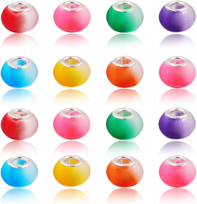 AIPRIDY 100Pcs 15x11mm Painting Murano Large Hole Glass Beads Mix Color with Silver Brass Cores European Charm fit Bracelet Necklace (Rubber Effect Bicolor)