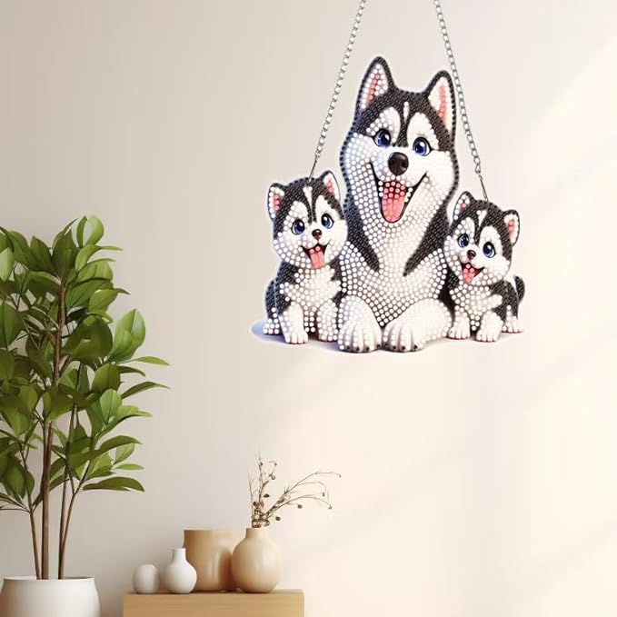 Masendp Hanging Diamond Art Kits for Adults, Special Shaped Cute Dog Family Diamond Painting Pendant Ornaments Kit DIY Crystal Rhinestone Gem for Home Decoration and Gifts