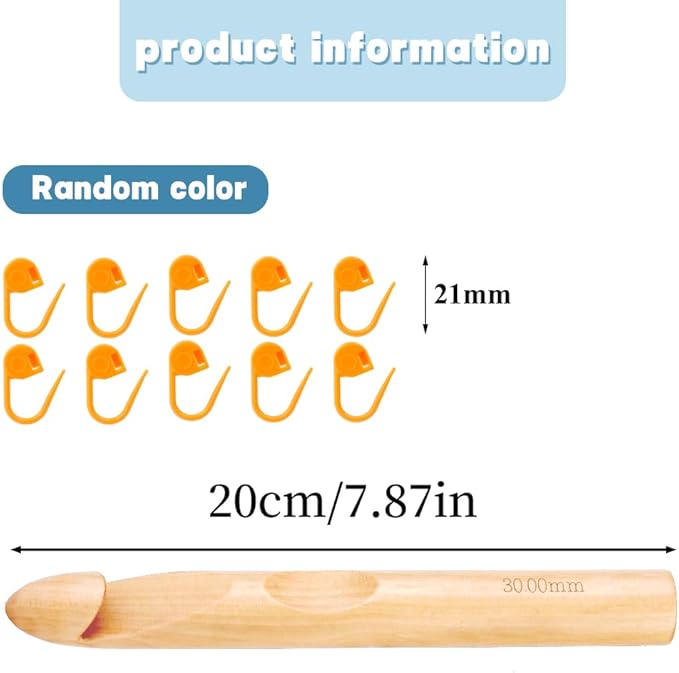 Wooden Crochet Hooks, 30mm Wooden Handle Crochet Hook Bamboo Knitting Crochet Needles with 10 pcs Knitting Stitch Markers for Handcraft Crocheting
