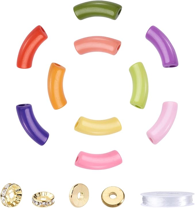 60Pcs Acrylic Chunky Tube Beads with Rondelle Brass Rhinestone Spacer Beads & Elastic Crystal Thread, 10 Colors Opaque Curved Tube Beads for Bamboo Bangles Bracelet Jewelry Making