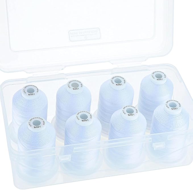 New brothread - 18 Options - Multi-Purpose 100% Mercerized Cotton Thread 50S/3 600M Each Spool for Quilting, Serger, Sewing and Embroidery - 8xWhite with Clear Plastic Storage Box