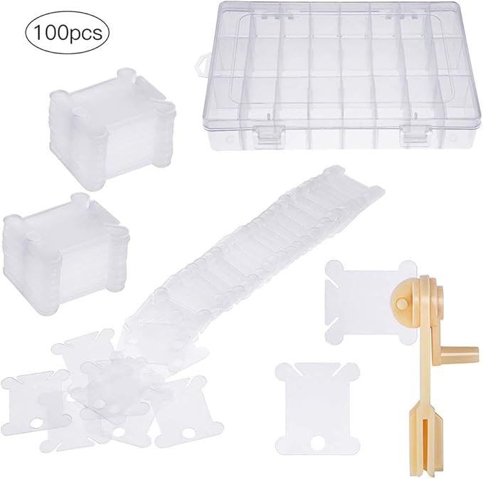 Embroidery Floss Organizer Box Tools with 100 Pcs Plastic Floss Bobbins 1 Bobbin Winder 1 Removable 24 Compartments Cross Stitch Embroidery Thread Storage Box for Craft DIY Sewing Storage Jewelry