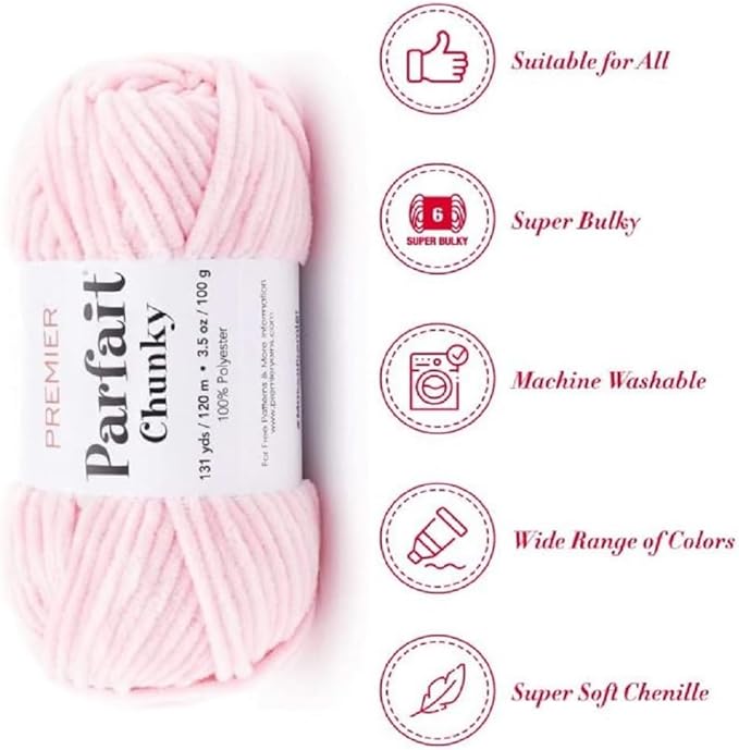 Premier Yarns Parfait Chunky Chenille Yarn 3.5 Oz 6 Super Bulky Weight 3 Pack Bundle with Bella's Stitch Place Holders (Ballet Pink)