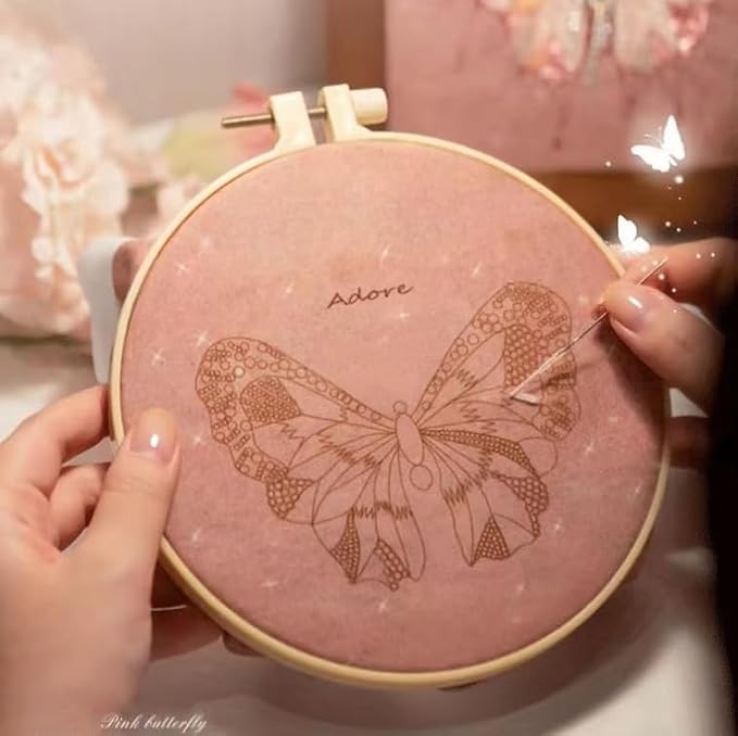 Craftreasure Embroidery Kit for Adults, Butterfly Needle Point Kits Adults Beginner Include Embroidery Beads Threads for Craft Lover Hand Stitch with Embroidery Skill Technique (Pink-Advanced)